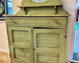 13. Antique Green Chippy Paint Cupboard, 40" w x 58" h x 14 1/2" d, $325