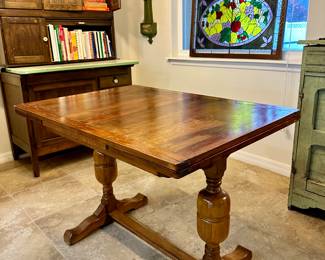15. Antique English Pub Table w/ 4 chairs, 41 1/2" w x 29 1/2" h x 30" d expands to 65 3/8" d, $350