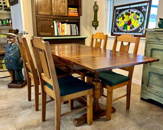 15. Antique English Pub Table w/ 4 chairs, 41 1/2" w x 29 1/2" h x 30" d expands to 65 3/8" d, $350