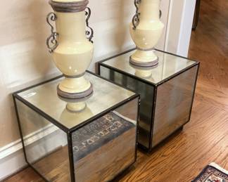 Mirrored side tables and decorative urns