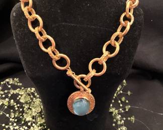 Gold toned link necklace with aqua stone - This consigned jewelry will be shown to one person at a time and one piece at a time. (Cash or charge card only!!)