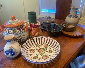 Samples from the large collection of hand-thrown pottery and painted pottery. Only a sample! So much more in the sale!