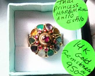 Thai Princess Harem ring, Anilo Estilo. 14k gold with gemstones. $950