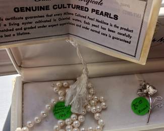 Genuine cultured pearl necklace, sterling silver brooch with mini pearl.