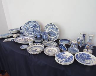 Over 100 pieces of blue/white plates, platters, bowls, vases, urns, ginger jars and more