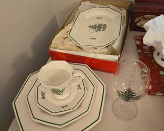 Nikko Christmas dishes - 8 piece place setting - dinner plate, salad plate, cup/ saucer, plus 8 wine glasses, serving platter, salt and pepper shakers