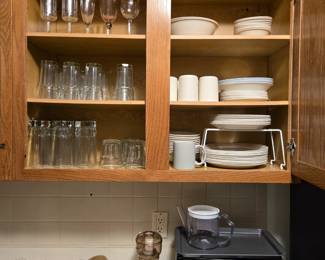 Various drinkware, complete 8+ piece place setting Corelle, includes dinner plate, salad plate, coffee mugs small bowls, soup bowls, serving bowls, pasta bowls.  Toaster oven, Sunbeam Oskar food processer, gravy separator