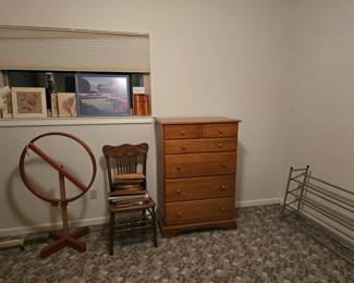 Wall art, oak dresser, cane chair, shoe rack - note, quilting hoop is not for sale