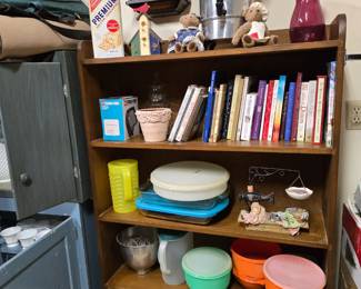 Misc books, housewares, wall clock vintage Tupperware