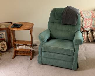 Green recliner chair, oak side table