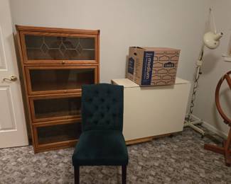 Oak glass-front barrister, folding quilting table, green upholstered sie chair