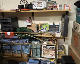 full size brass headboard, misc items