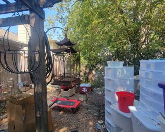 storage totes, garden decorations, hanging plant holders