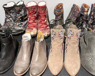 Women’s tops mostly size Large; winter vests, jackets, blouses, shirts, never worn undergarments; pants mostly size Small including multiple pairs of jeans from White House Black Market; shoes in sizes 7 - 8.5, many barely worn. Brands include Suzanne Betro, Lularoe, Ewedoos