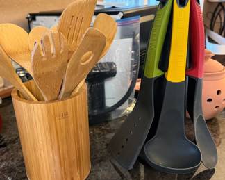 Kitchen utensils, including bamboo set and Joseph Joseph