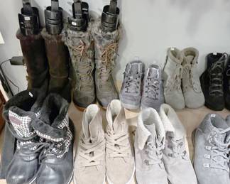 Women’s tops mostly size Large; winter vests, jackets, blouses, shirts, never worn undergarments; pants mostly size Small including multiple pairs of jeans from White House Black Market; shoes in sizes 7 - 8.5, many barely worn. Brands include Suzanne Betro, Lularoe, Ewedoos