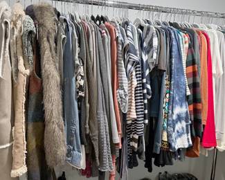 Women’s tops mostly size Large; winter vests, jackets, blouses, shirts, never worn undergarments; pants mostly size Small including multiple pairs of jeans from White House Black Market; shoes in sizes 7 - 8.5, many barely worn. Brands include Suzanne Betro, Lularoe, Ewedoos