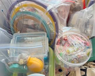 Quilt supplies, including Magic Pins, other pins, rotary cutters + blades, scissors