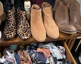 Women’s tops mostly size Large; winter vests, jackets, blouses, shirts, never worn undergarments; pants mostly size Small including multiple pairs of jeans from White House Black Market; shoes in sizes 7 - 8.5, many barely worn. Brands include Suzanne Betro, Lularoe, Ewedoos