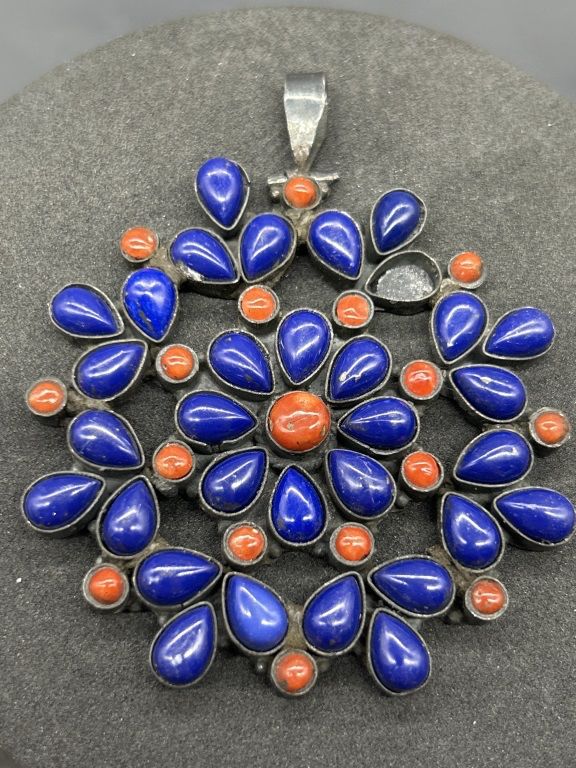 925 Silver, Lapis & Red Coral Stone Pendant 
