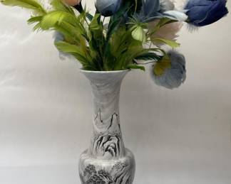 Vintage Carved Marble Vase with Etched Asian