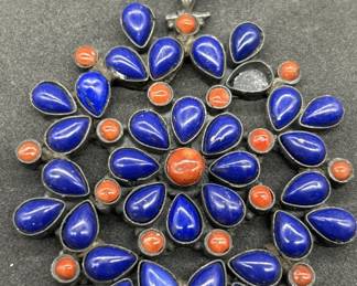 925 Silver, Lapis & Red Coral Stone Pendant 
