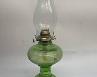 Vtg Green Glass Oil Lamp