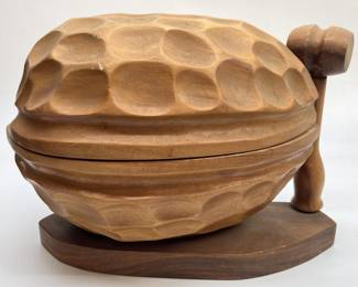 Large Mid Century Carved Wooden Walnut Nut Cracker Set