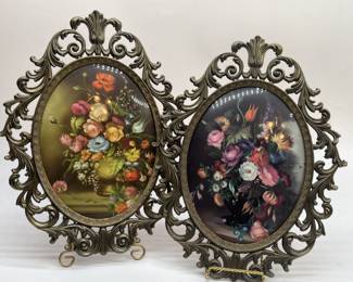 Pair of Vtg Made in Italy Floral Prints in Brass