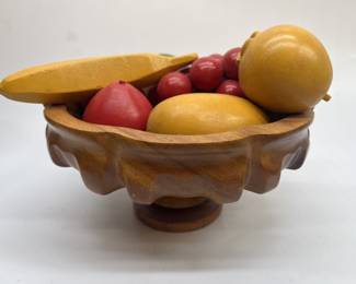 Vintage Wooden Carved Fruit Bowl and Fruit