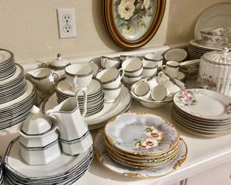 Silver rimmed dishware and Wedgwood "Amherst" fine china