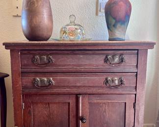 Antique mini wood console table with wheels 