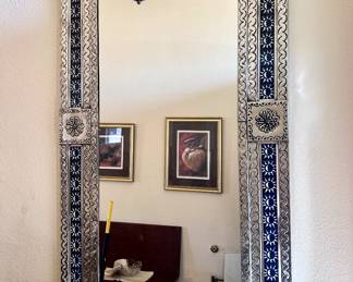 large rectangular silver and blue mirror 