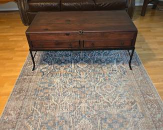 Farmhouse Style Coffee Table with Iron Base and Rug