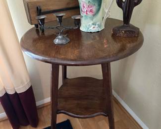 Antique Round Side Table - Wooden Cactus - Candle Stick - Antique Hand Painted Pitcher