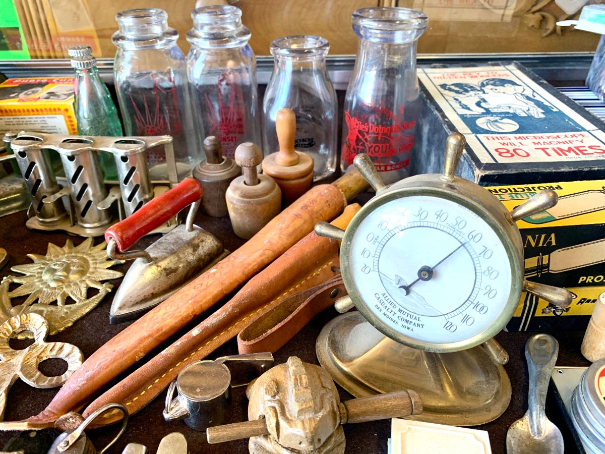 Old Milk Bottles, Ship Tac, Knives, Wood Butter Stamps, Coin Changer, 1940-1950 Slides.