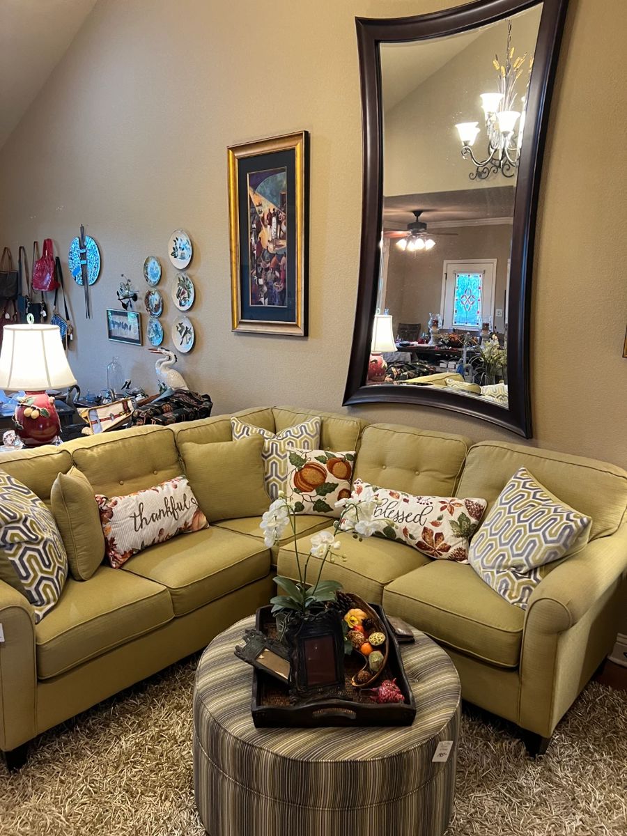 Lazy Boy chartreuse Sectional, ottoman, mirror, accessories