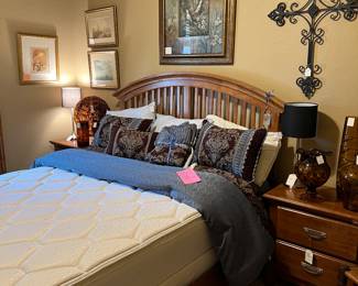 Queen bed mattress set, comforter, pillows, nightstands, decor