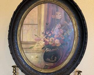 Antique Floral Oil Painting in oval wooden hand carved frame made by Sargo ancestor, antique brass candlesticks