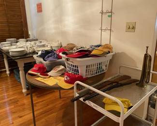 LOTS of CAPS! CHIEFS, CARDINALS, JOHN DEERE - Some never worn. AIR RIFLE, U. S. A. made Daisy BB Gun, U. S. Army BUGLE