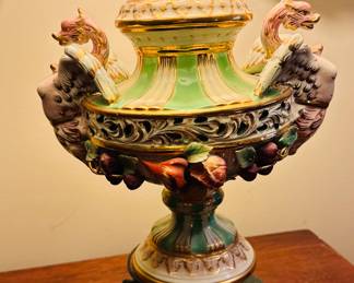 Antique Capodimonte Porcelain Winged Dragon Koi Fish Lamp 