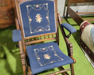 19th Century Fold Up Platform Rocking Chair With Needlepoint Back And Seat