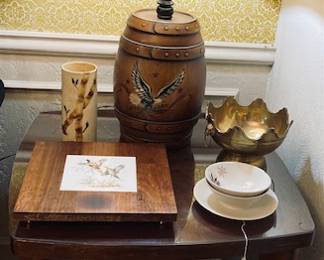 Vintage Whiskey Barrel Table Lamp. Vintage Peter Tara Bowls. Rare Vintage WALNUT charcuterie cheese board Ceramic Tile PHEASANTS 12" GERMANY.