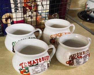 Individual 1970s mid century vintage soup recipe cups, Mushroom, Chicken, Tomato,  Onion.
