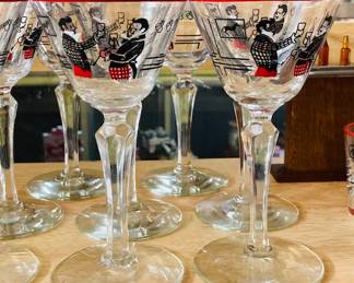 Set  Vintage Libbey Pickwick Bartender Scene Cordial Glasses Stemware 1940's