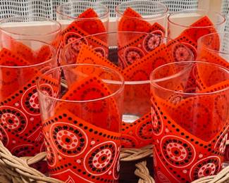Vintage Bandanna Glasses and Bowl Set. 7 pc.