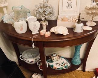 Wood Half Moon Table and Collectables.