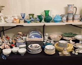 Plates, Dishes and Glassware. Royal Swirl, Cameo Ware, Jeannette Depression Glass, Vintage Shriner Tankard w/Mugs. 