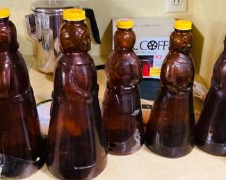 Vtg Mrs. Butterworth  Amber Brown Glass Syrup Bottles  w/ Yellow Metal Lid 