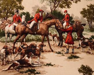Vintage 1950s Equestrian Fabric Scrap, Vintage 1950s Equestrian Fabric, Vintage Fox Hunt fabric, Vintage Horse fabric, Horse & Hound fabric